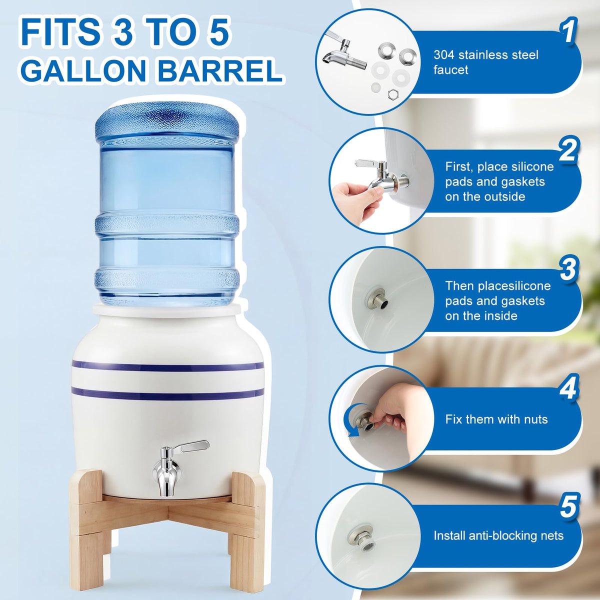 Ceramic Water Dispenser with Wood Stand and Stainless Steel Faucet U77326