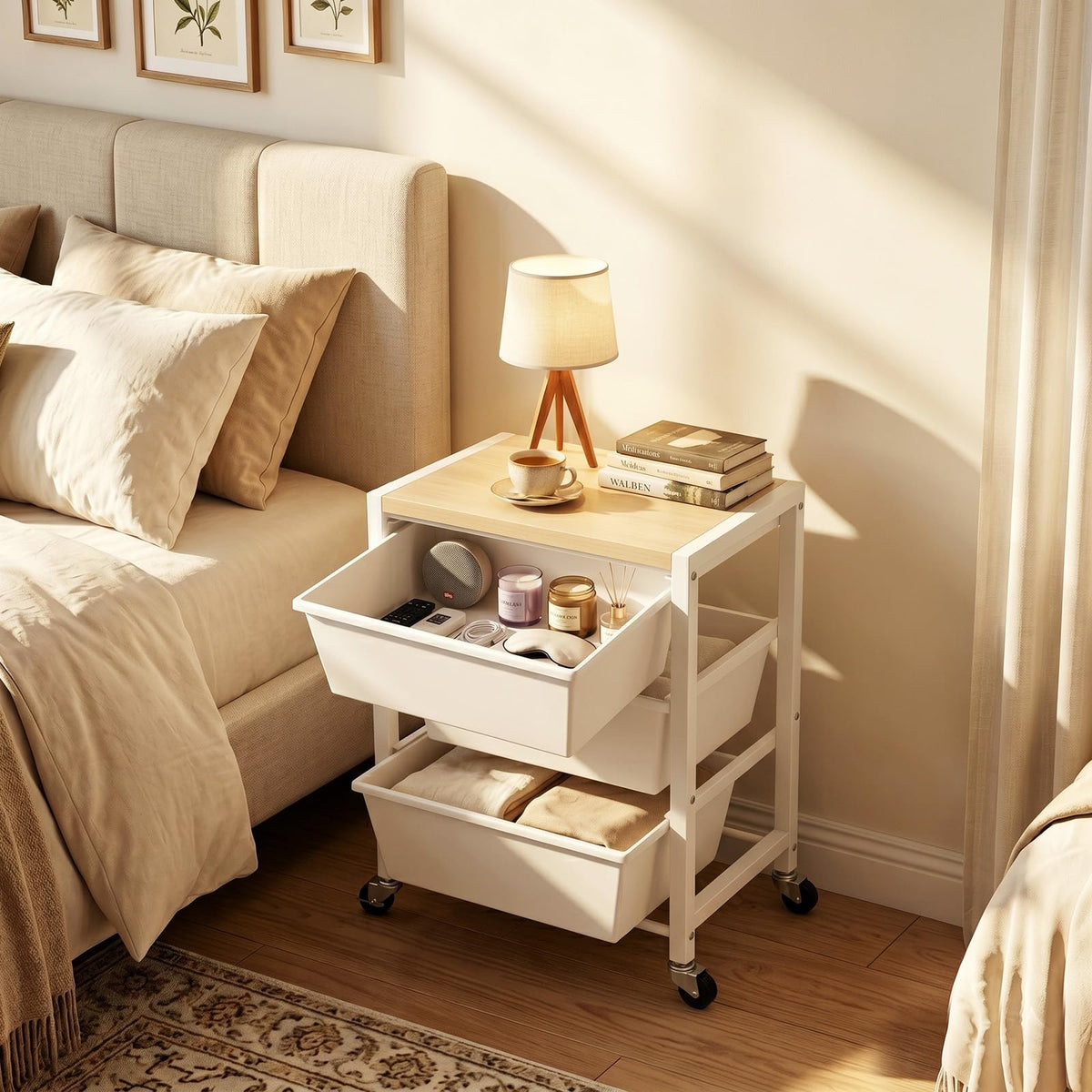 Rolling Cart with 3 Drawers, Lockable Wheels & Wooden Tabletop, Bright White L28552