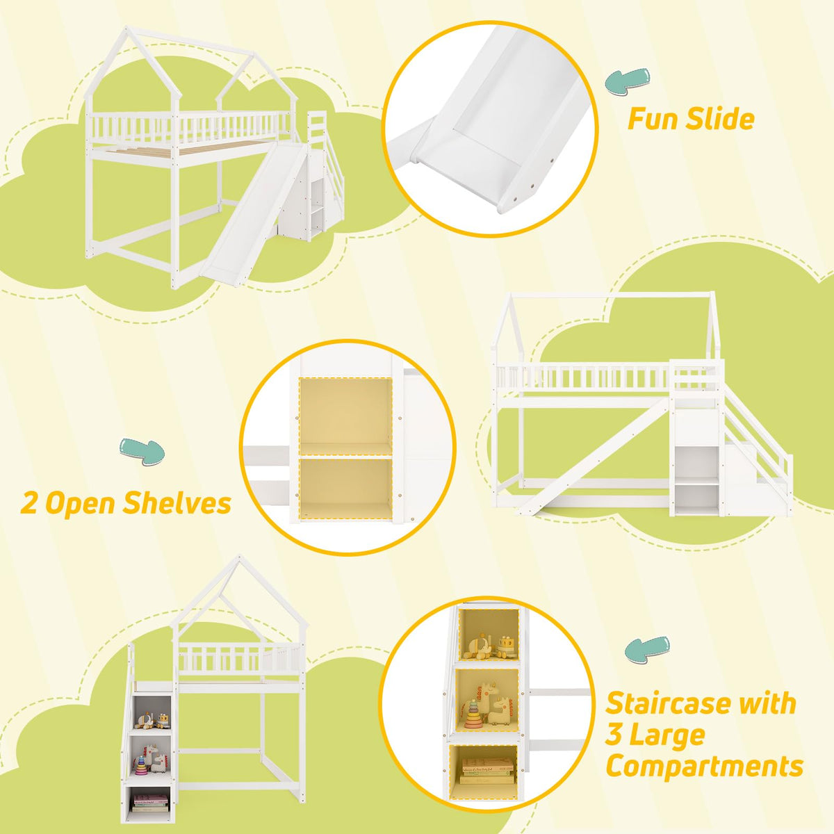 White Twin Over Twin Wood Bunk Bed with Slide and Stairs Y9869