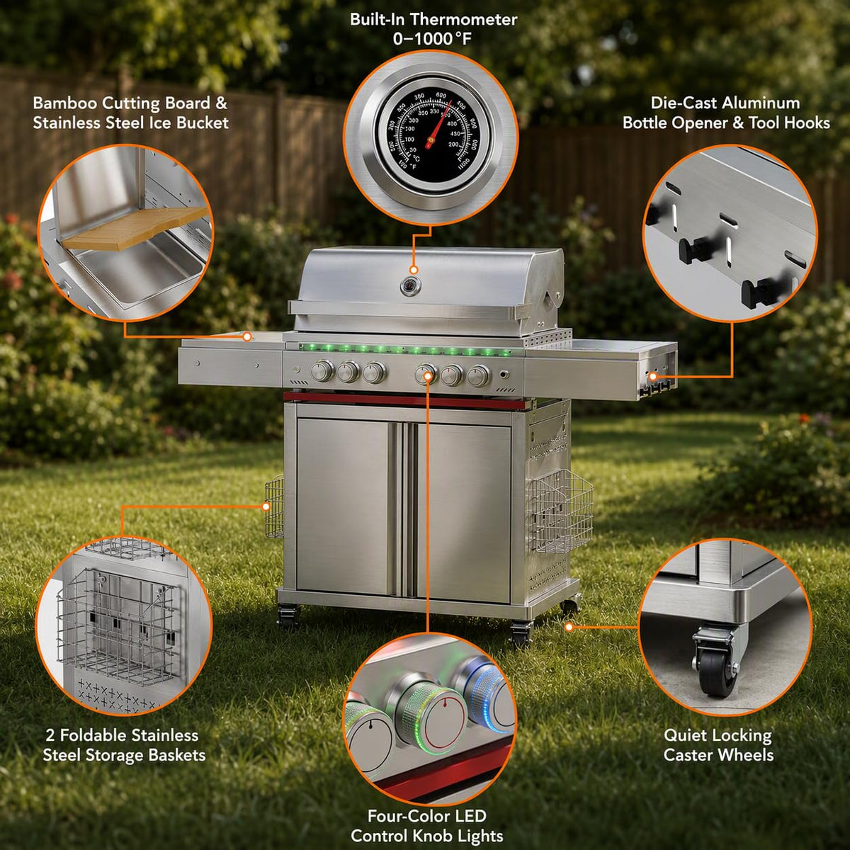 Heavy-duty SUS304 Stainless Steel 6-Burner Propane Gas Grill N786