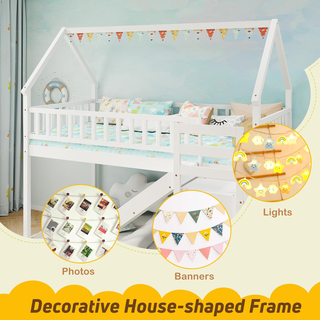 White Twin Over Twin Wood Bunk Bed with Slide and Stairs Y9869