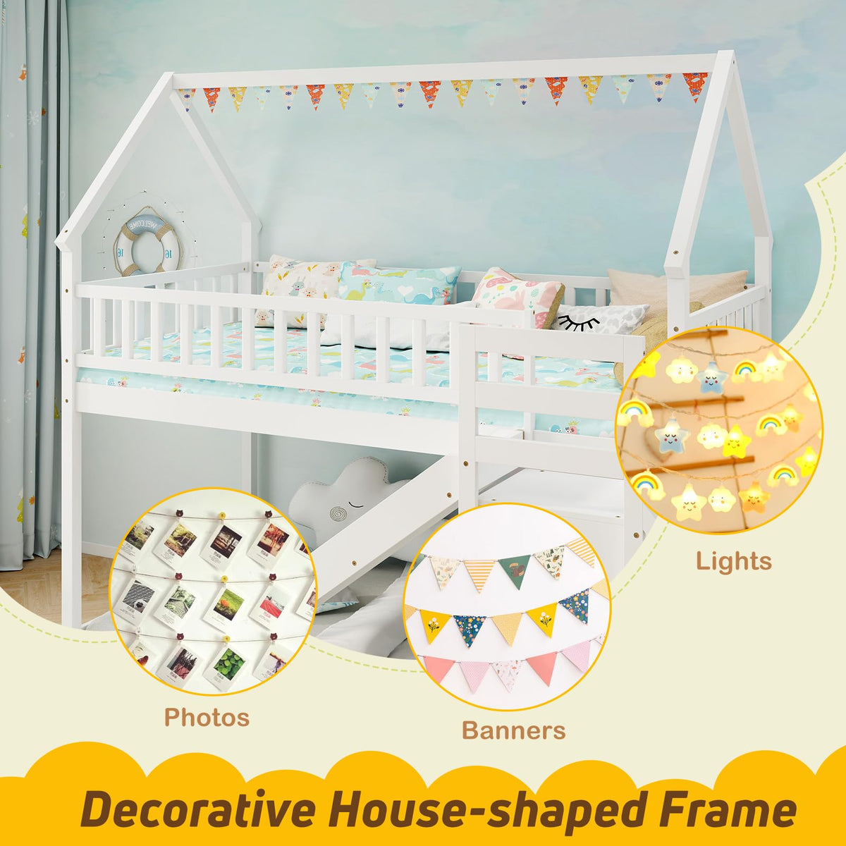 White Twin Over Twin Wood Bunk Bed with Slide and Stairs Y9869