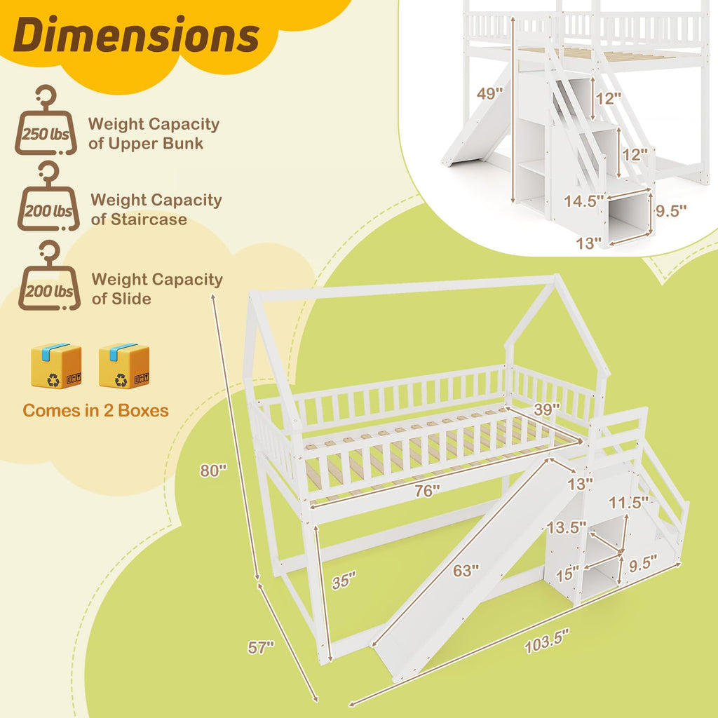 White Twin Over Twin Wood Bunk Bed with Slide and Stairs Y9869