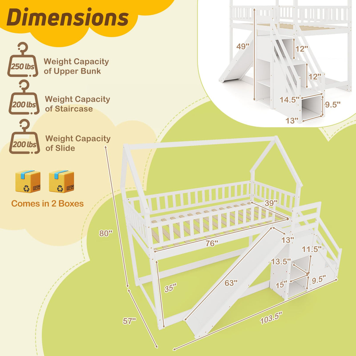 White Twin Over Twin Wood Bunk Bed with Slide and Stairs Y9869