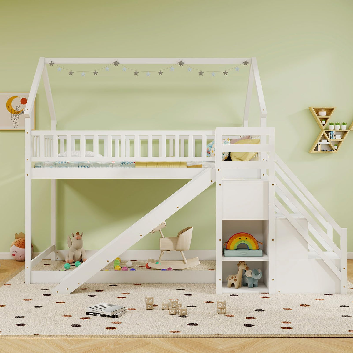 White Twin Over Twin Wood Bunk Bed with Slide and Stairs Y9869