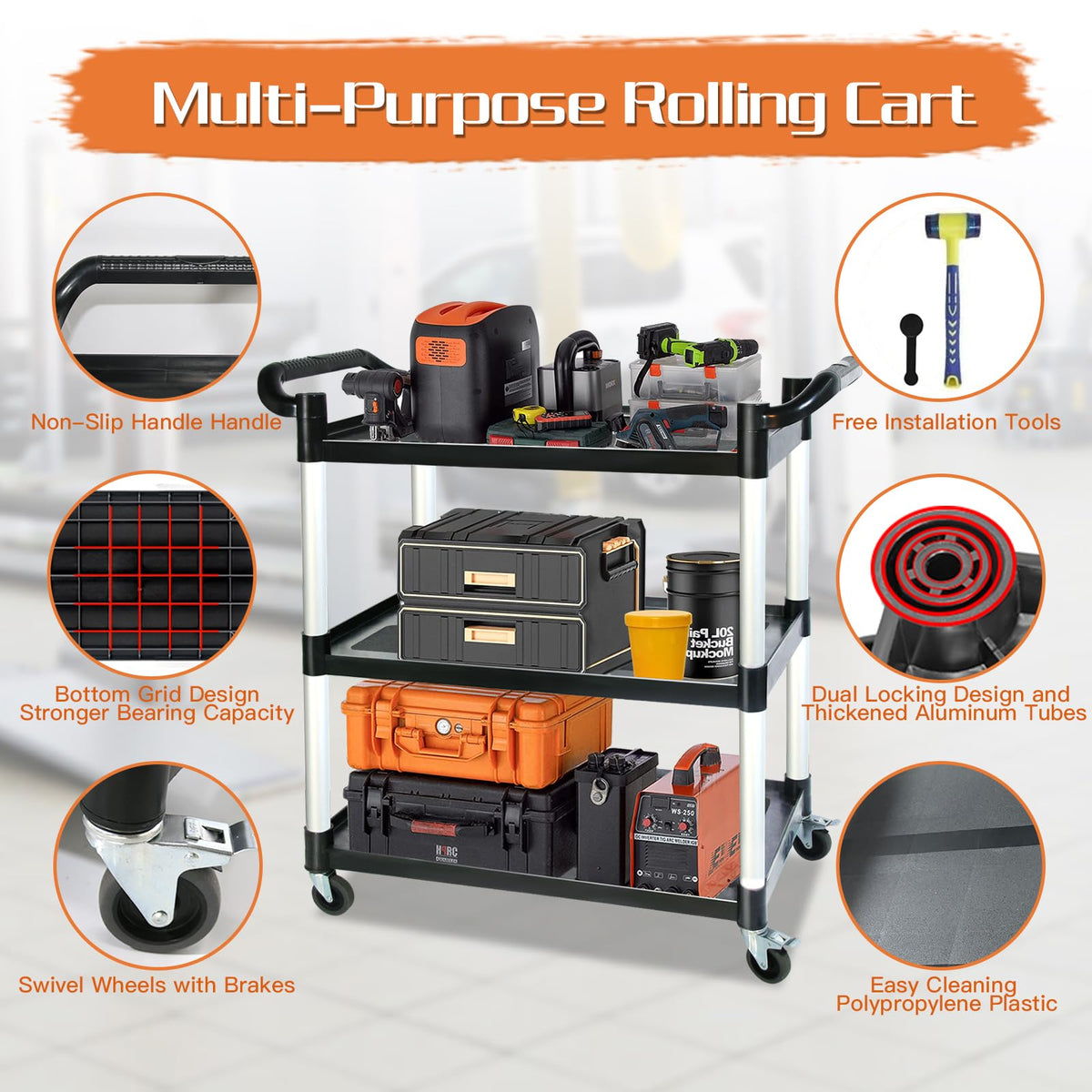 3-Tier Rolling Utility Cart with Lockable Wheels E787
