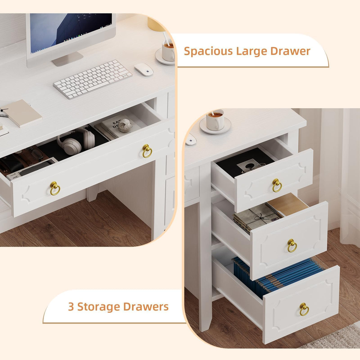 47" White and Gold Desk with Hutch and 4 Drawers V67344