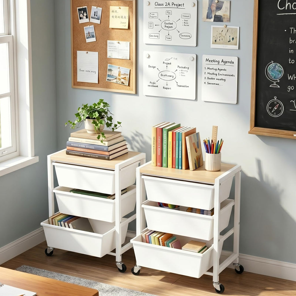 Rolling Cart with 3 Drawers, Lockable Wheels & Wooden Tabletop, Bright White L28552