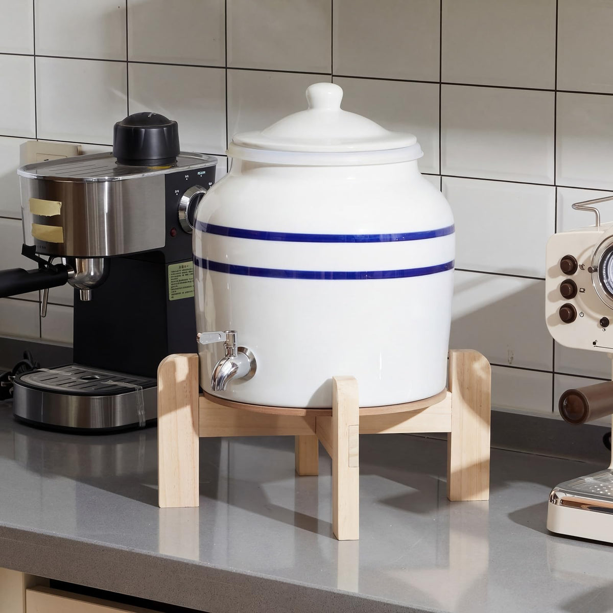 Ceramic Water Dispenser with Wood Stand and Stainless Steel Faucet U77326