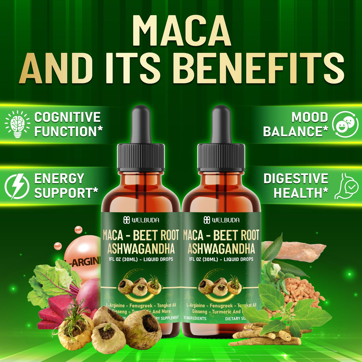 Maca Root Liquid Drops with Ashwagandha, Fenugreek, Beet Root and L-Arginine, 1 FL Oz H777536