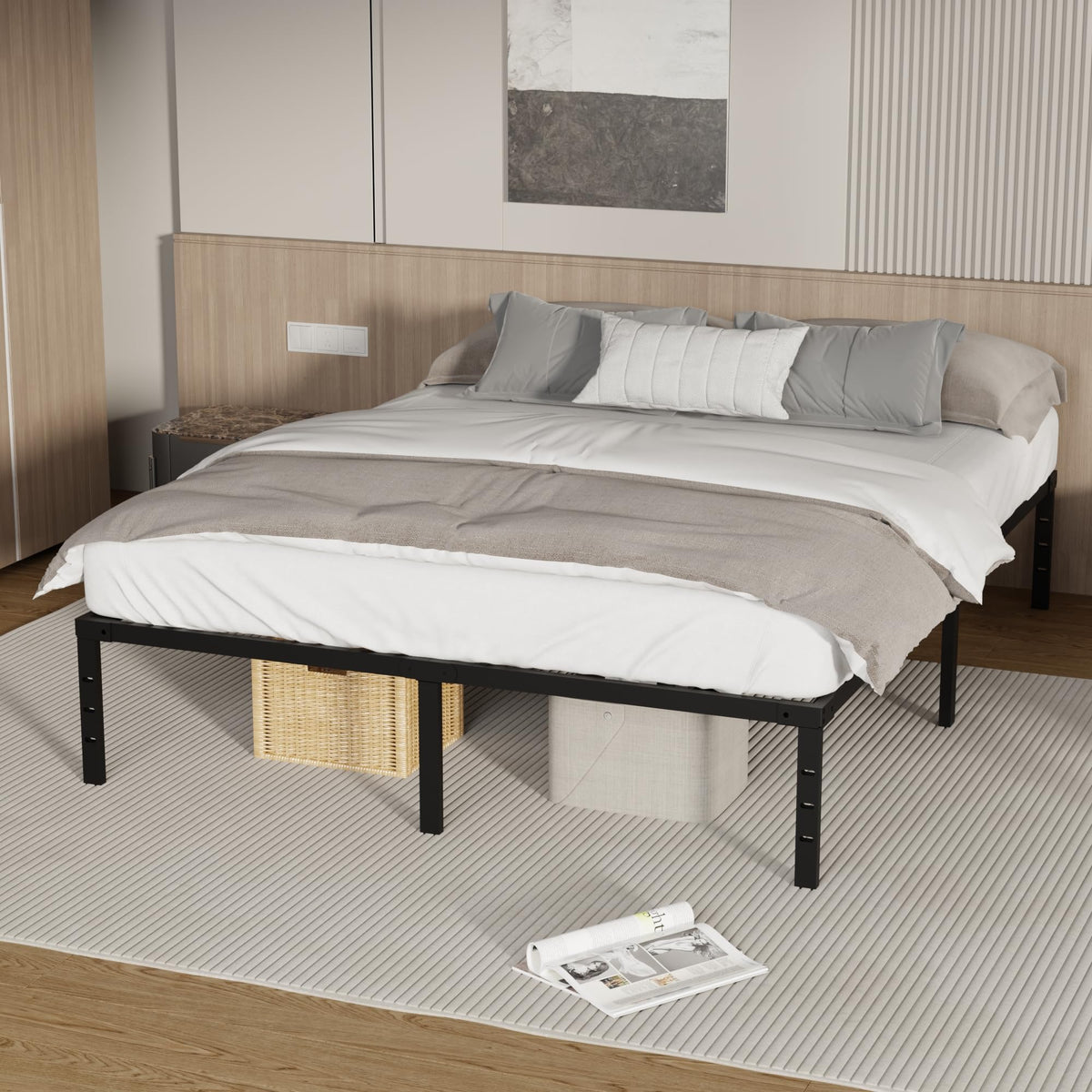 18 Inch Queen Size Metal Platform Bed Frame with Underbed Storage F57487