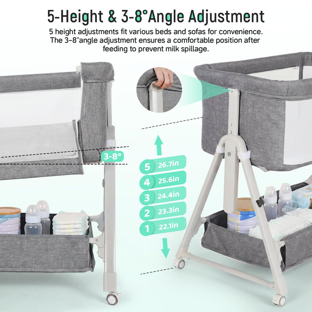 Baby Bassinet Bedside Crib with Mattress Wheel Storage Travel Bag Light Grey M763633