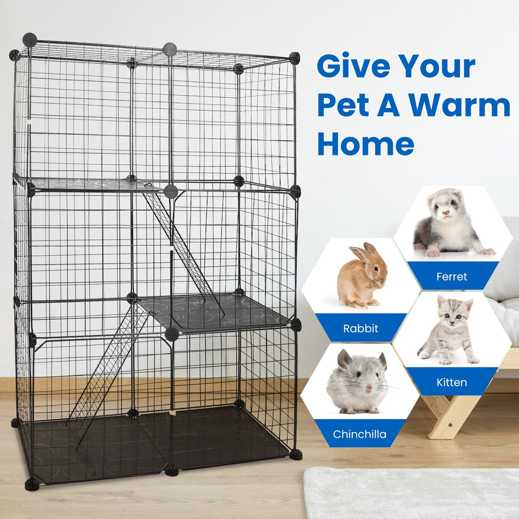 3 Tier Metal Cat Playpen Cage with 3 Doors 2 Ladders U50675