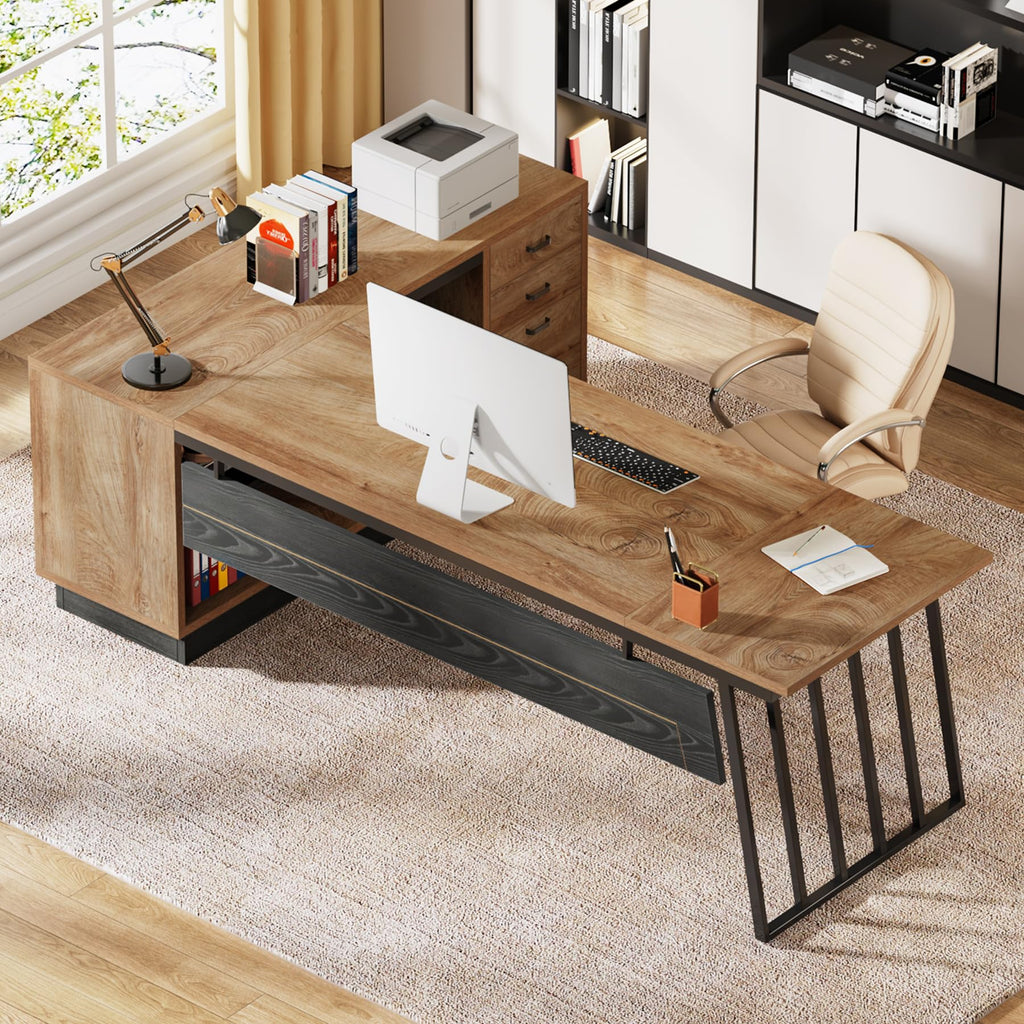 71-Inch L-Shaped Executive Desk with Cabinet L255095