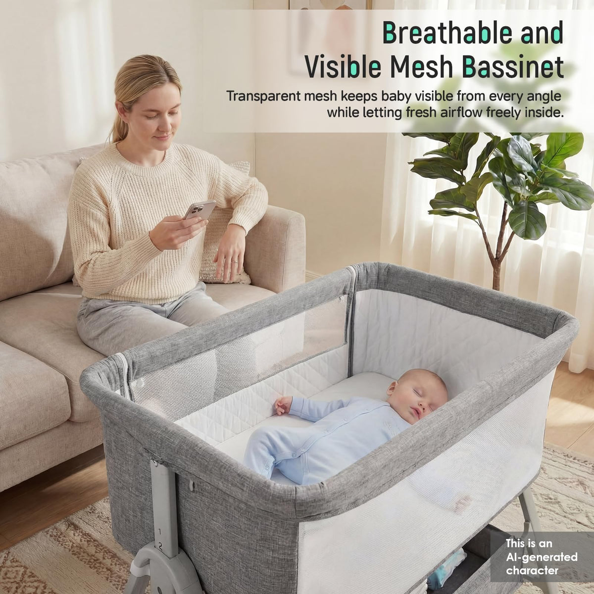 Baby Bassinet Bedside Crib with Mattress Wheel Storage Travel Bag Light Grey M763633