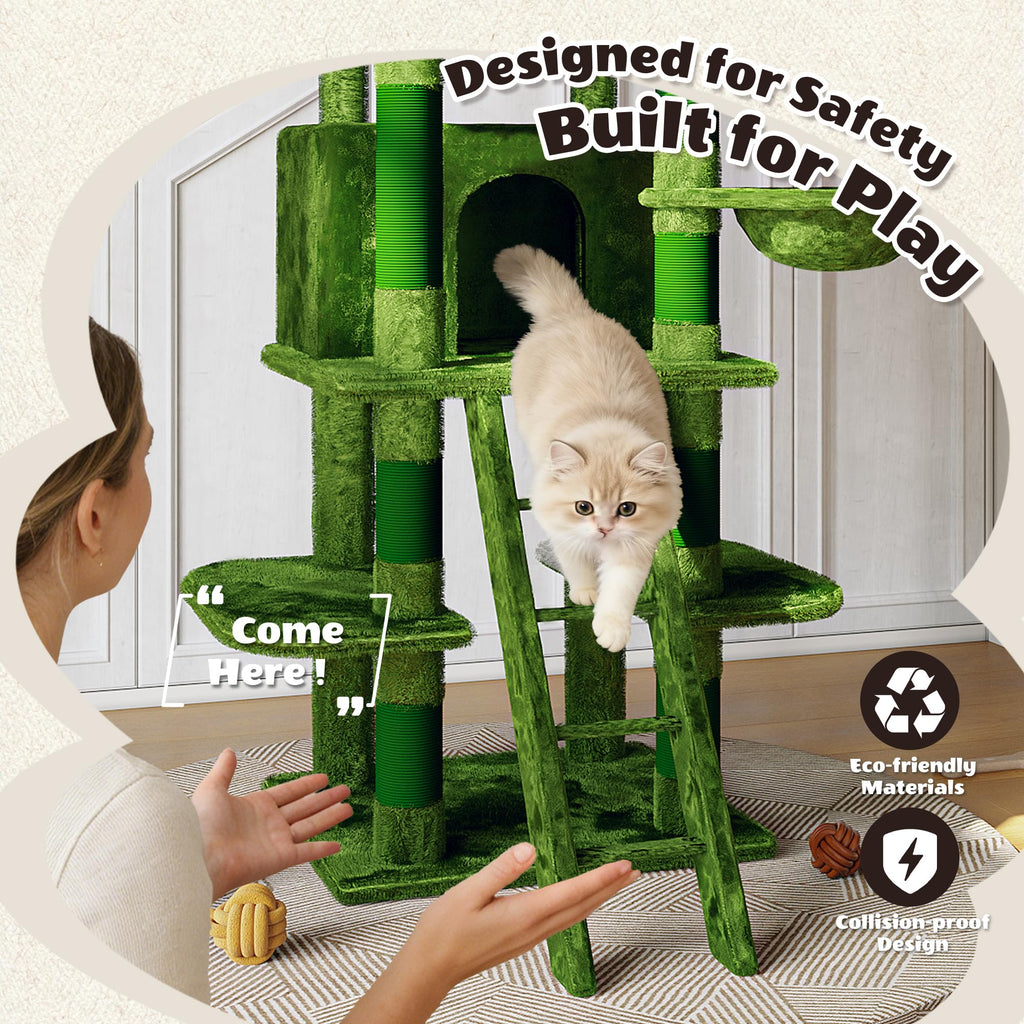 70.87" Green Multi-Level Cat Tree with Condos and Hammock V90903