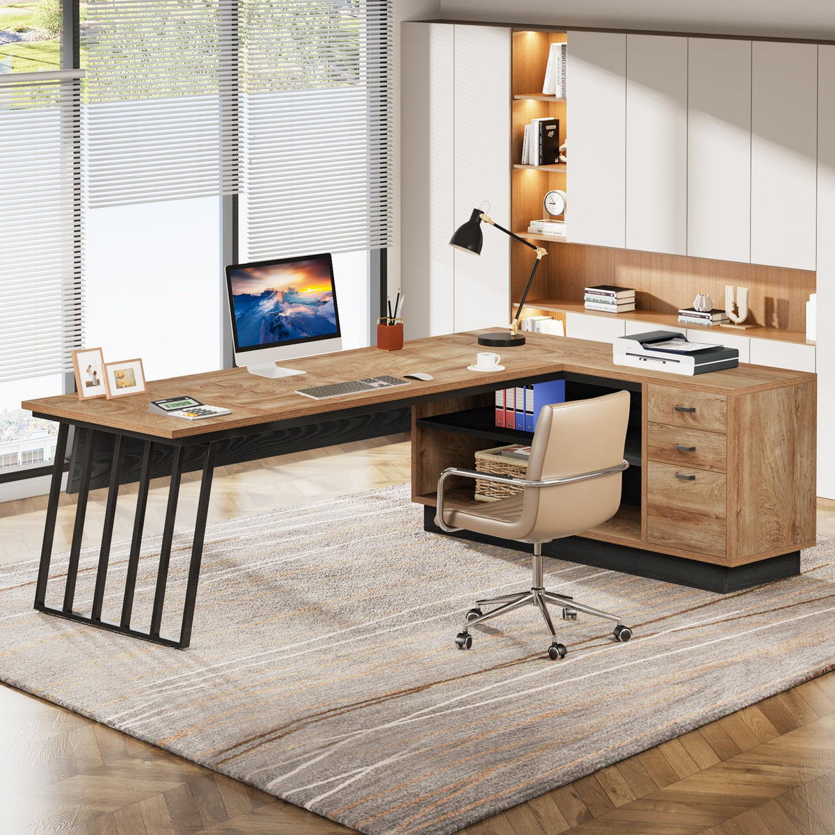 71-Inch L-Shaped Executive Desk with Cabinet L255095