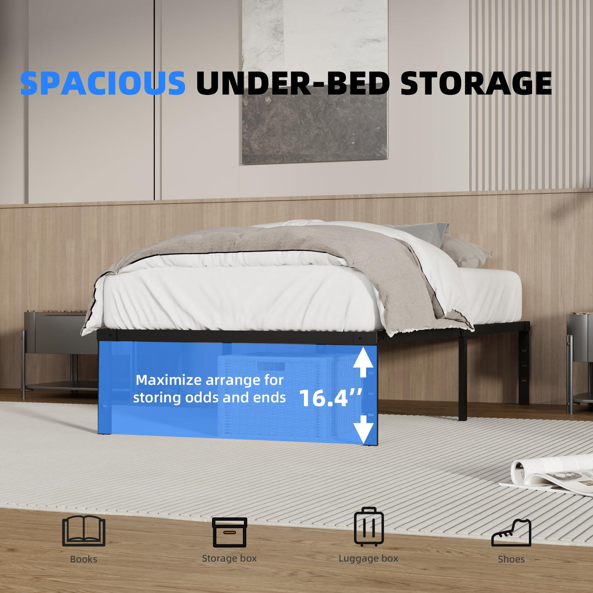 18 Inch Queen Size Metal Platform Bed Frame with Underbed Storage F57487