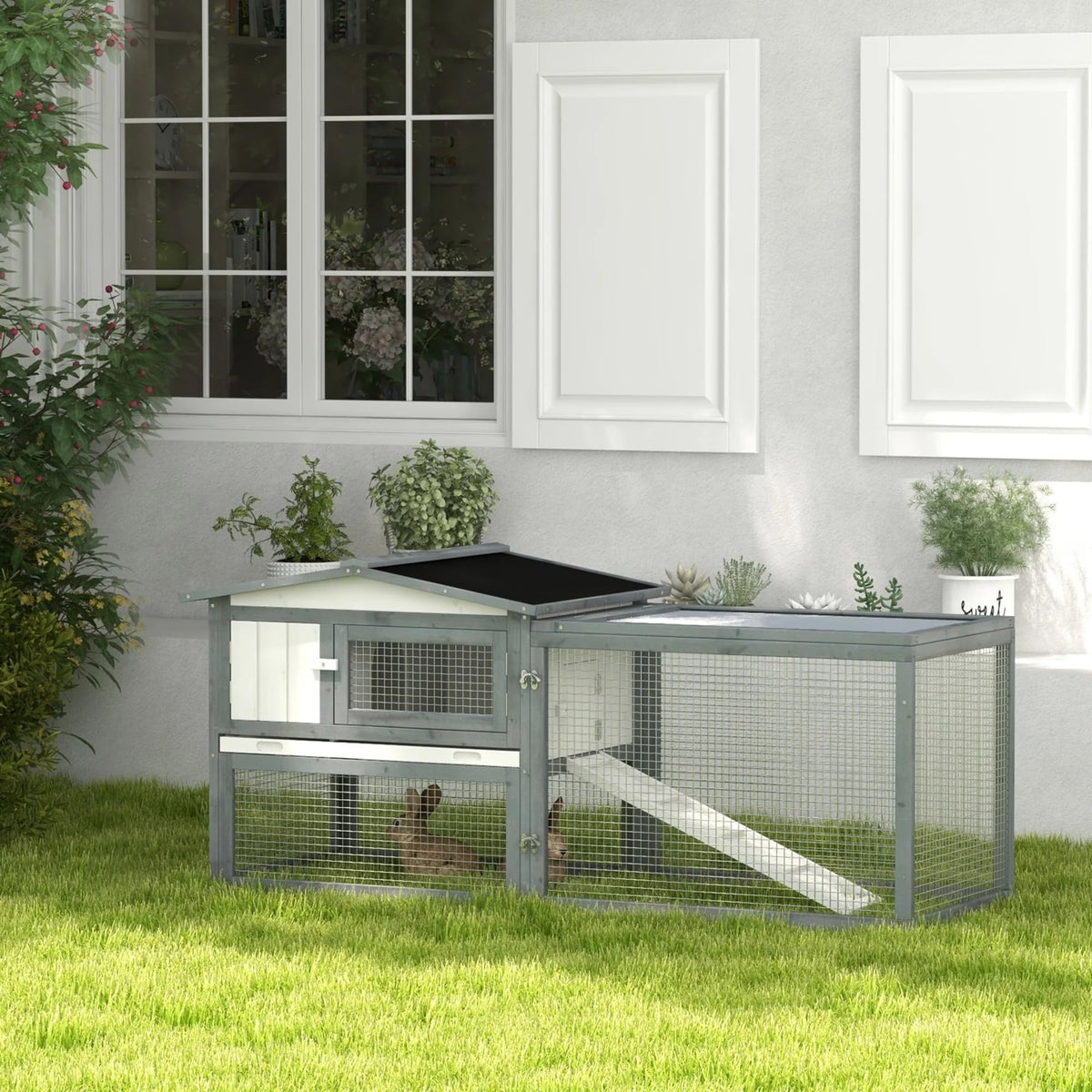 White 2-Tier Wooden Rabbit Hutch with Run Z65921