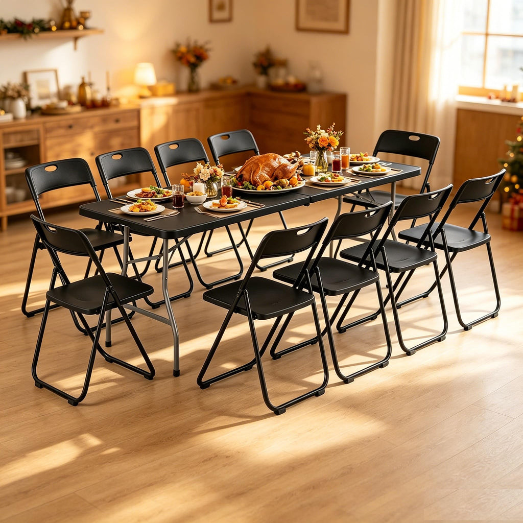 Black 8 Feet Foldable Picnic Table with 10 Folding Chairs N97281