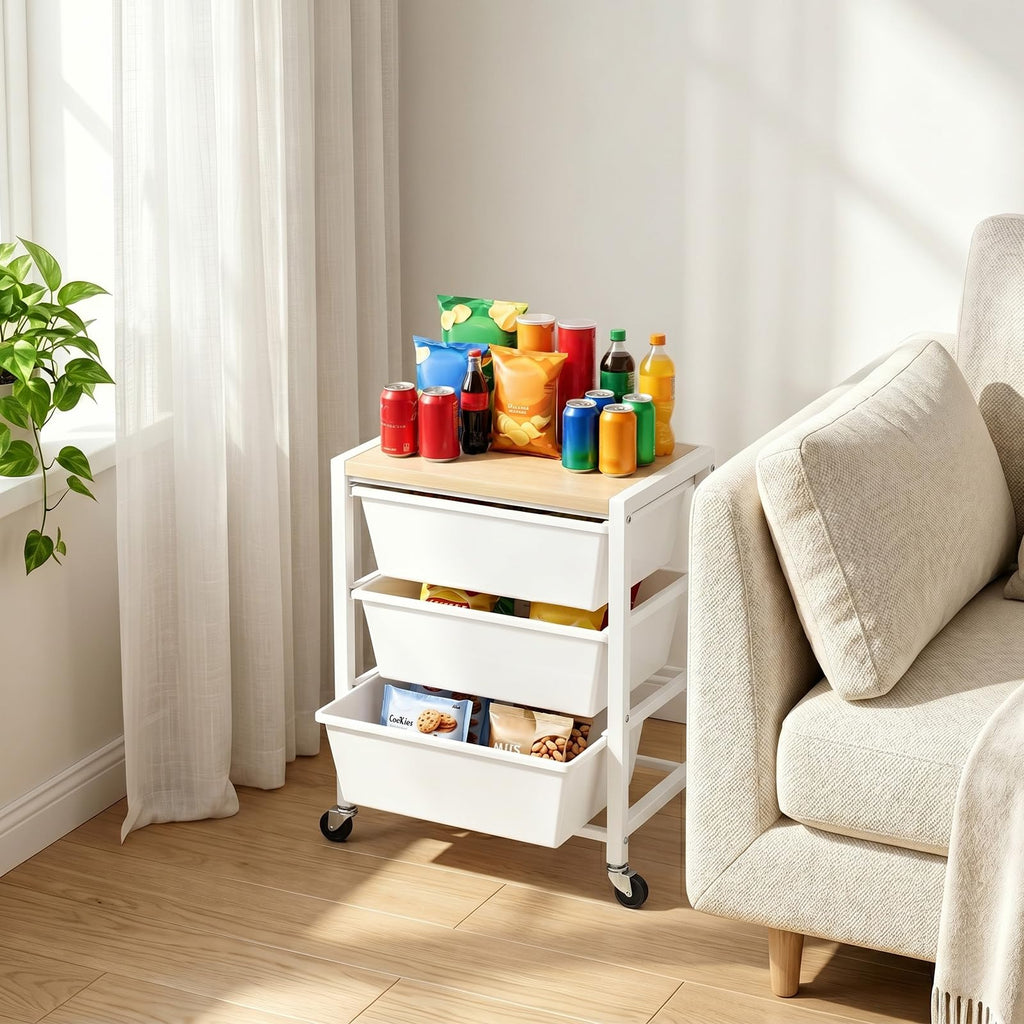 Rolling Cart with 3 Drawers, Lockable Wheels & Wooden Tabletop, Bright White L28552