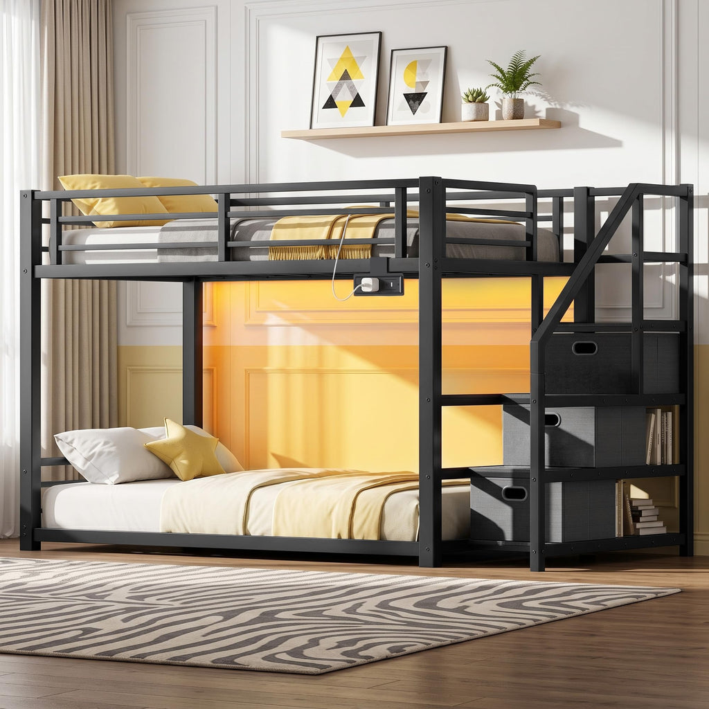 Twin Over Twin Metal Bunk Bed with Storage Stairs, Drawers & Shelves, Power Outlet and RGB LED Lights, Safety Guardrails & Metal Slats (Black) Z5735