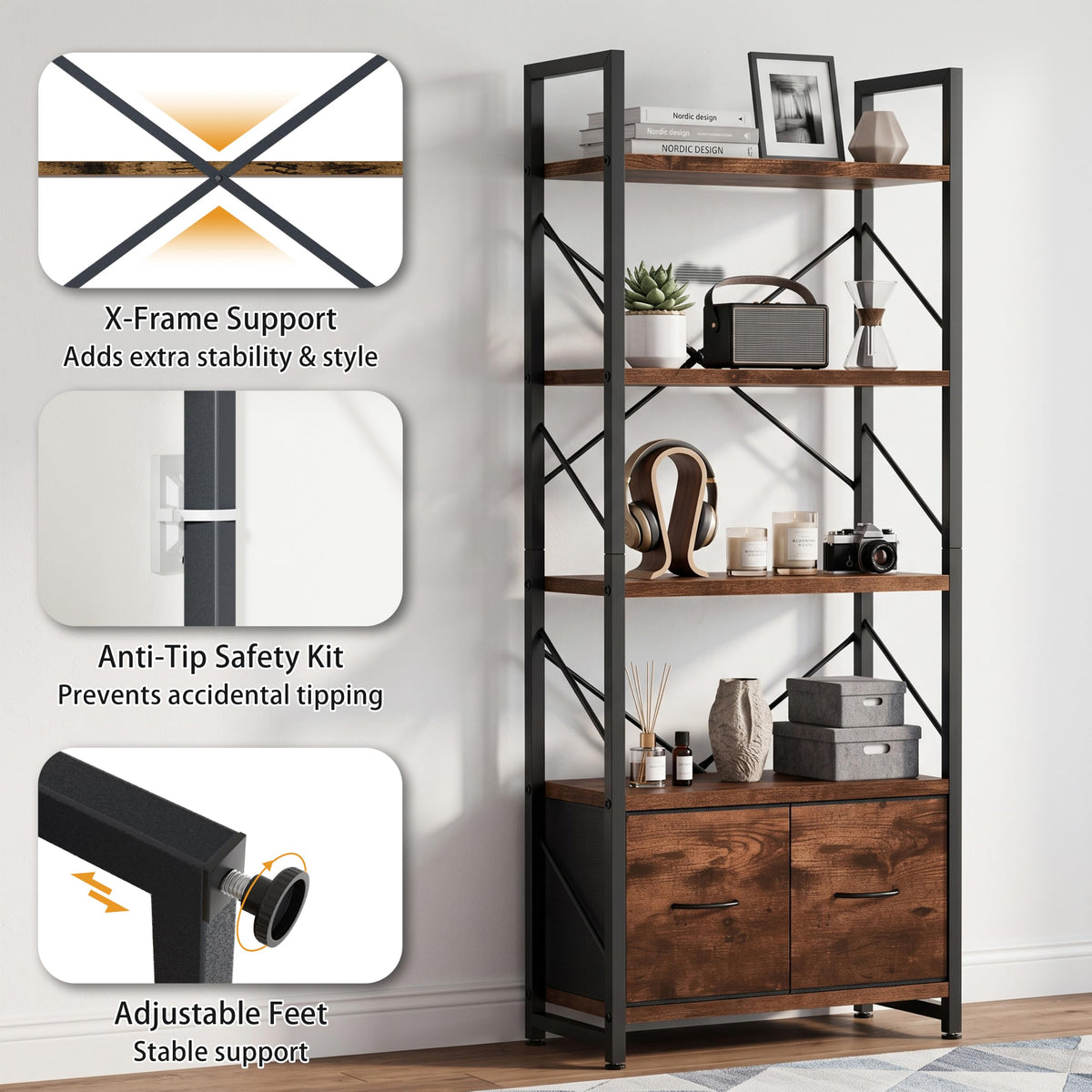 5 Tier Wood Bookshelf with Drawer P270140