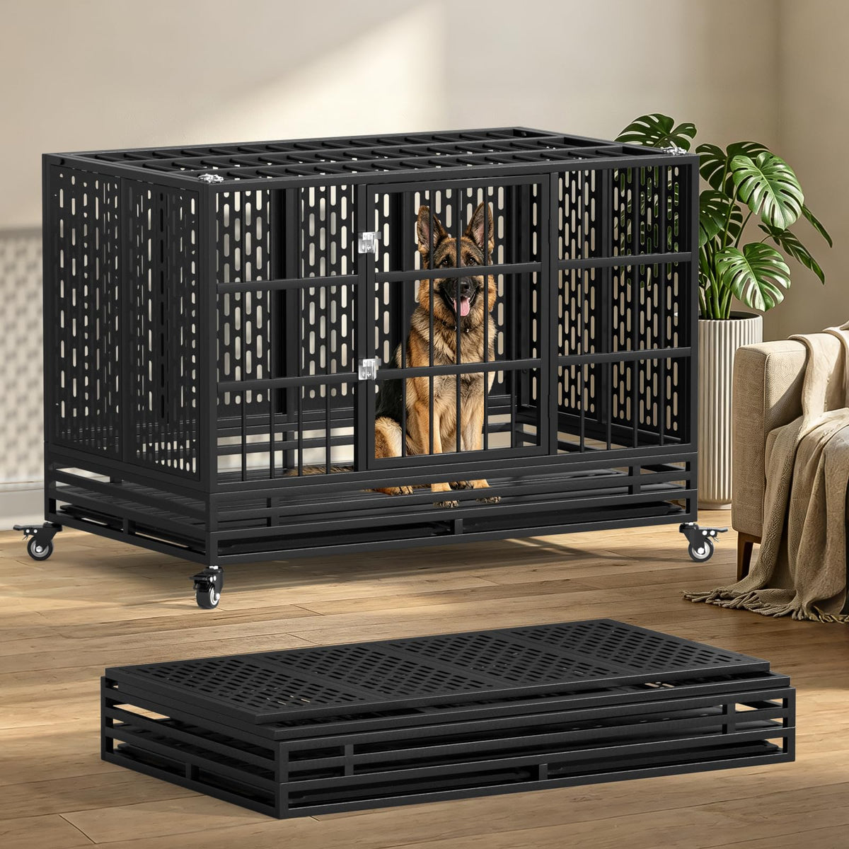 48 Inch Heavy Duty Metal Dog Crate with Wheels H44347