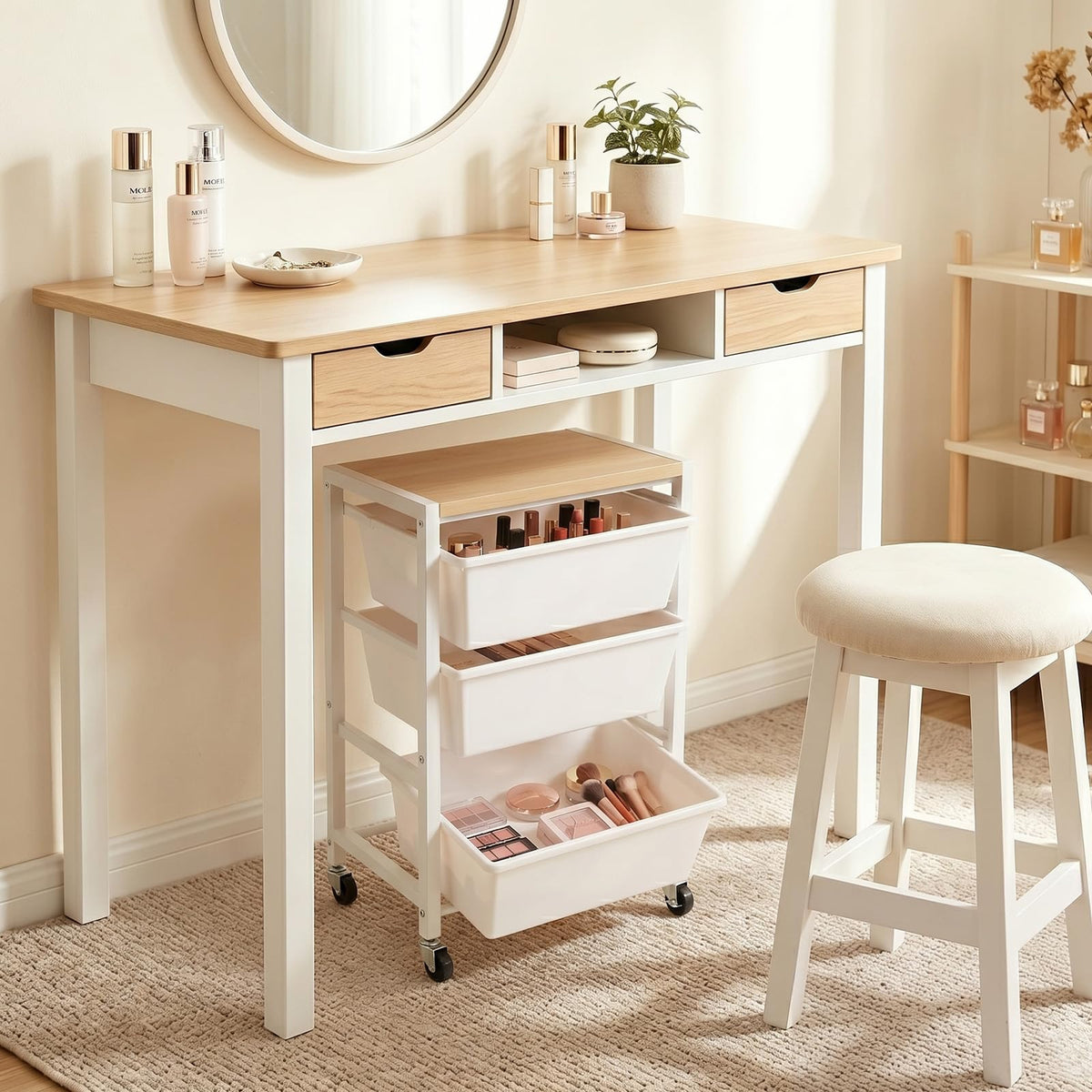 Rolling Cart with 3 Drawers, Lockable Wheels & Wooden Tabletop, Bright White L28552