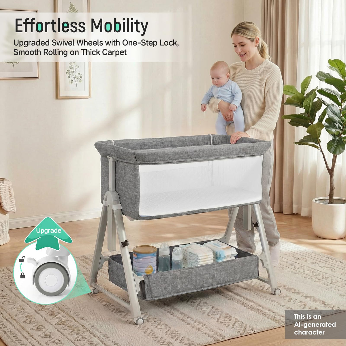 Baby Bassinet Bedside Crib with Mattress Wheel Storage Travel Bag Light Grey M763633