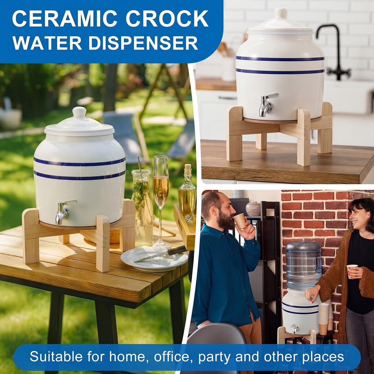 Ceramic Water Dispenser with Wood Stand and Stainless Steel Faucet U77326