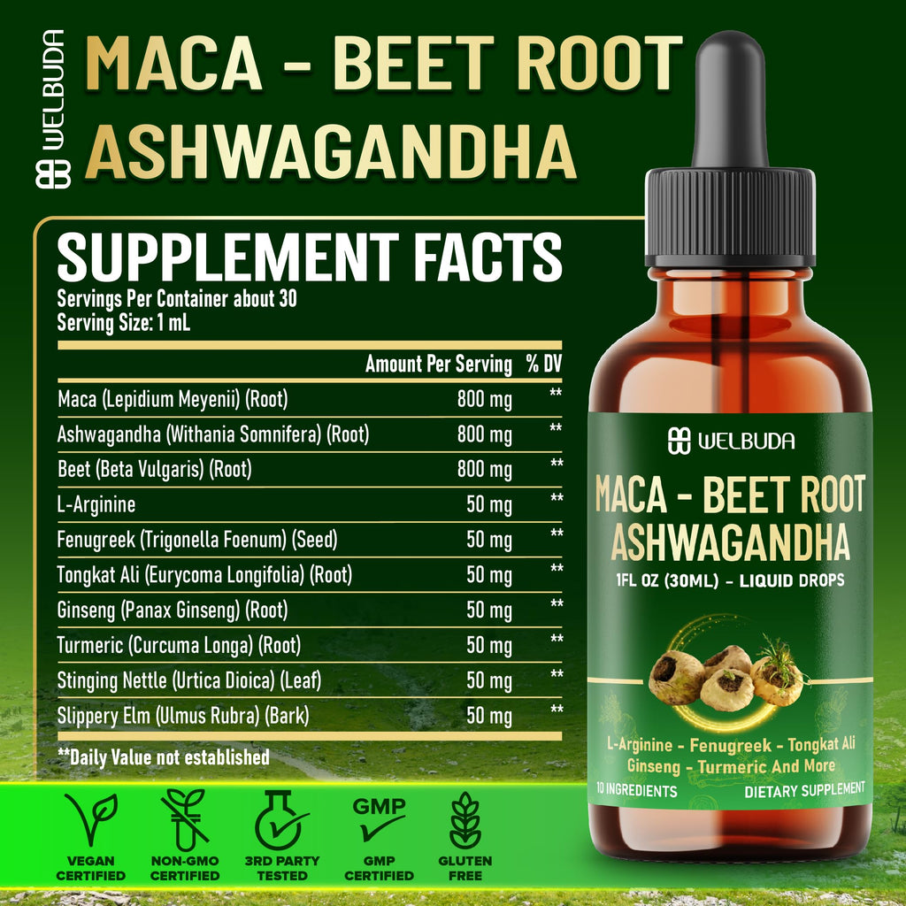 Maca Root Liquid Drops with Ashwagandha, Fenugreek, Beet Root and L-Arginine, 1 FL Oz H777536