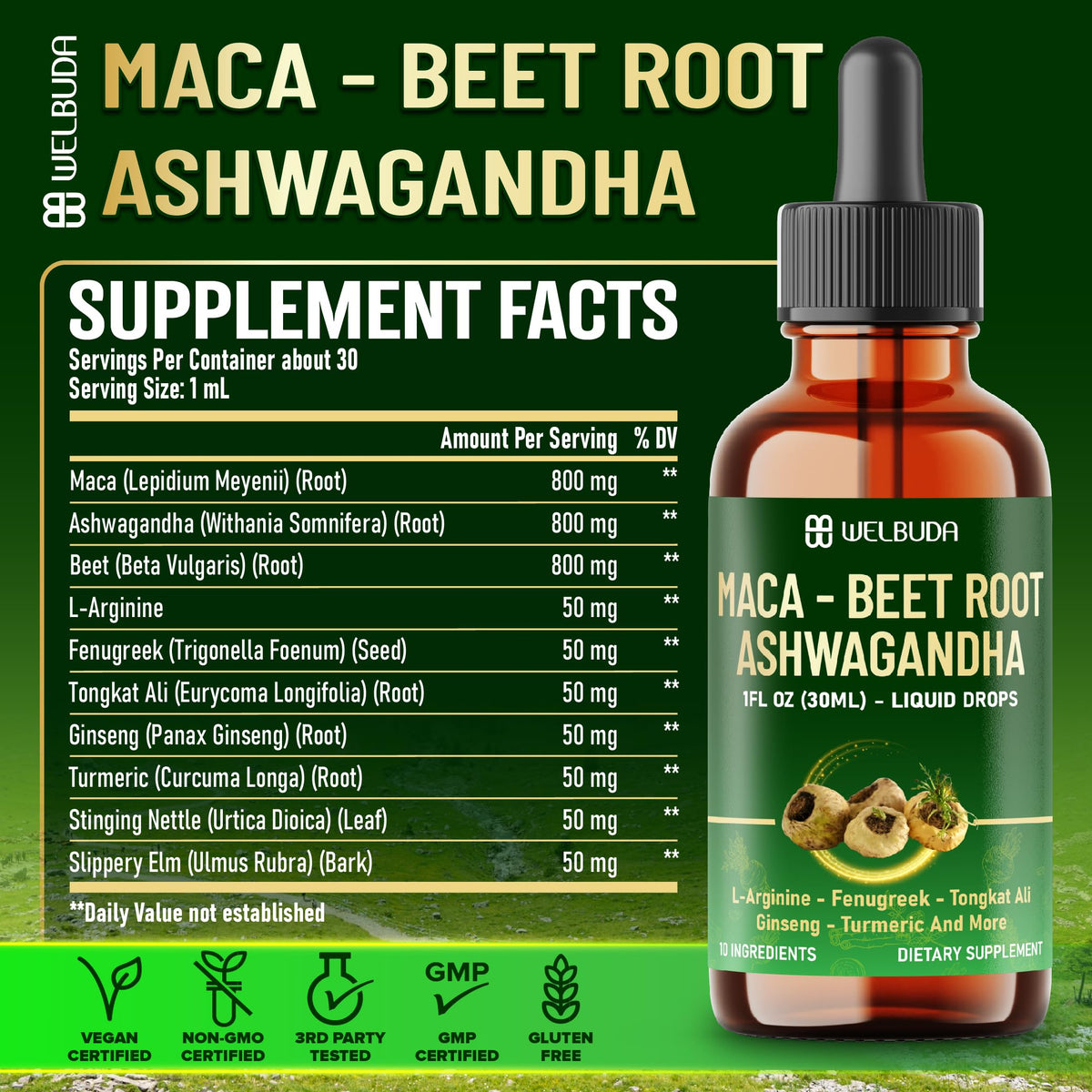 Maca Root Liquid Drops with Ashwagandha, Fenugreek, Beet Root and L-Arginine, 1 FL Oz H777536