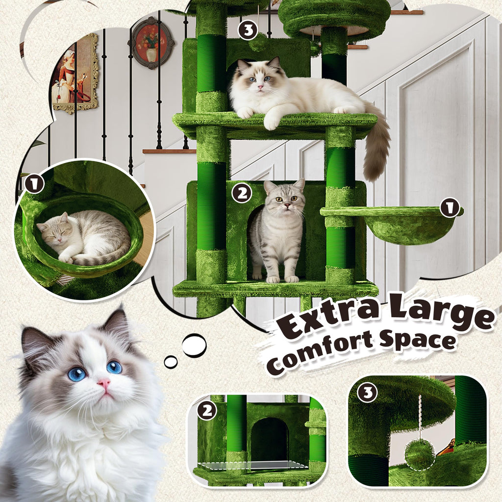 70.87" Green Multi-Level Cat Tree with Condos and Hammock V90903
