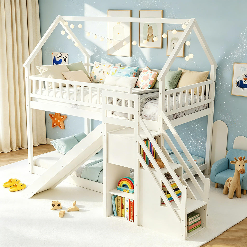 White Twin Over Twin Wood Bunk Bed with Slide and Stairs Y9869
