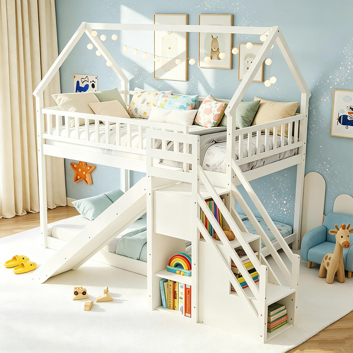 White Twin Over Twin Wood Bunk Bed with Slide and Stairs Y9869