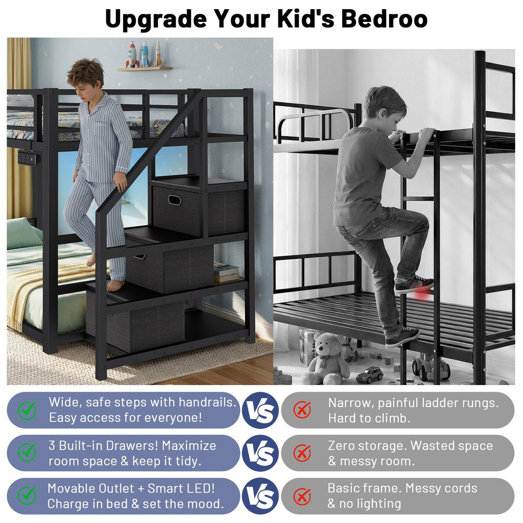 Twin Over Twin Metal Bunk Bed with Storage Stairs, Drawers & Shelves, Power Outlet and RGB LED Lights, Safety Guardrails & Metal Slats (Black) Z5735