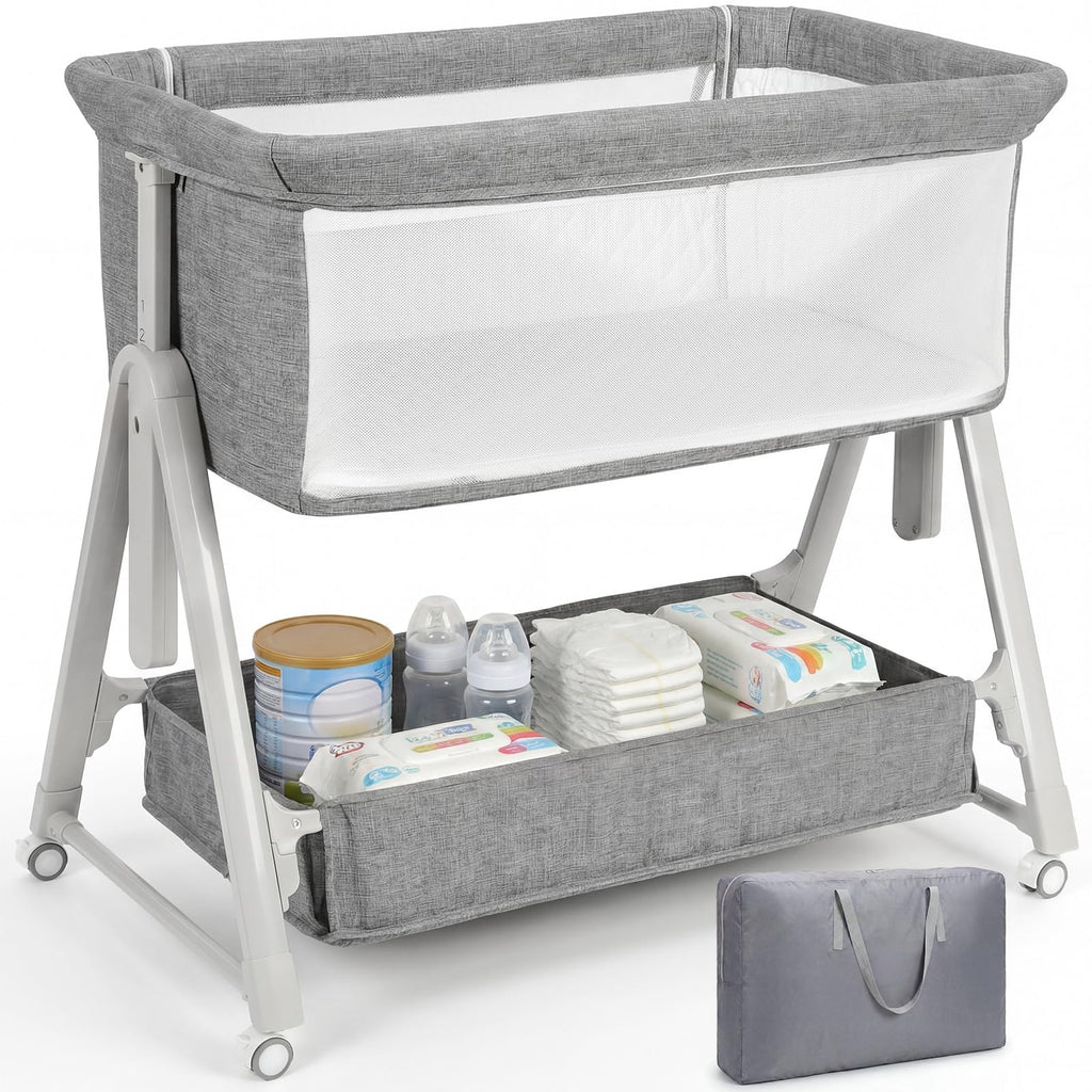 Baby Bassinet Bedside Crib with Mattress Wheel Storage Travel Bag Light Grey M763633