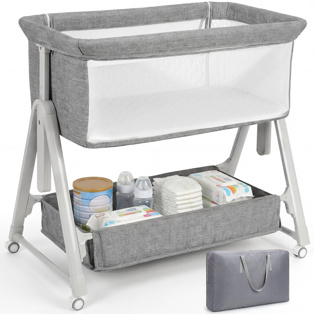Baby Bassinet Bedside Crib with Mattress Wheel Storage Travel Bag Light Grey M763633