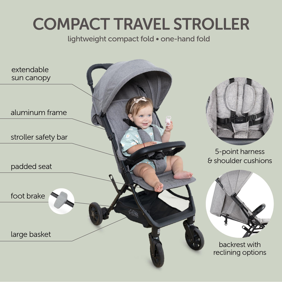 Lightweight Compact Travel Stroller with Canopy, Storage Basket & Recline X1717