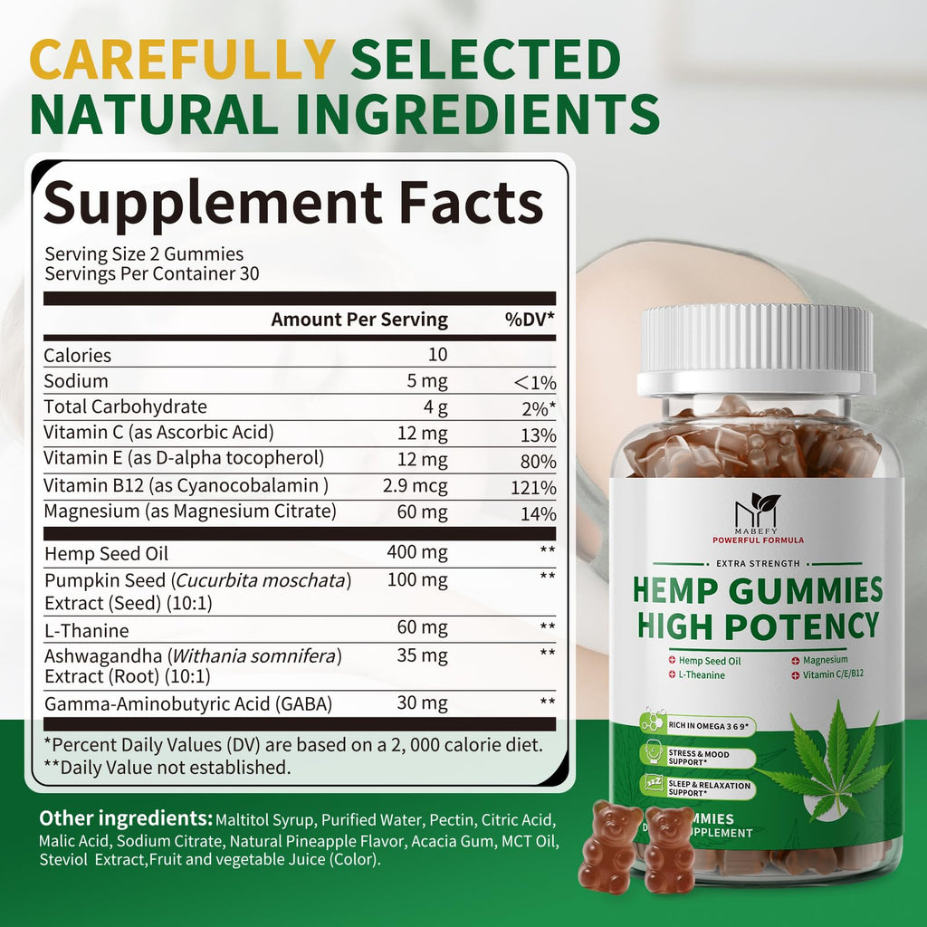2 Pack Hemp Gummies with Magnesium, Vitamins, Pumpkin Seed, Ashwagandha, GABA, L-Theanine, Pineapple Flavor, 120 Bears, Vegan R32436