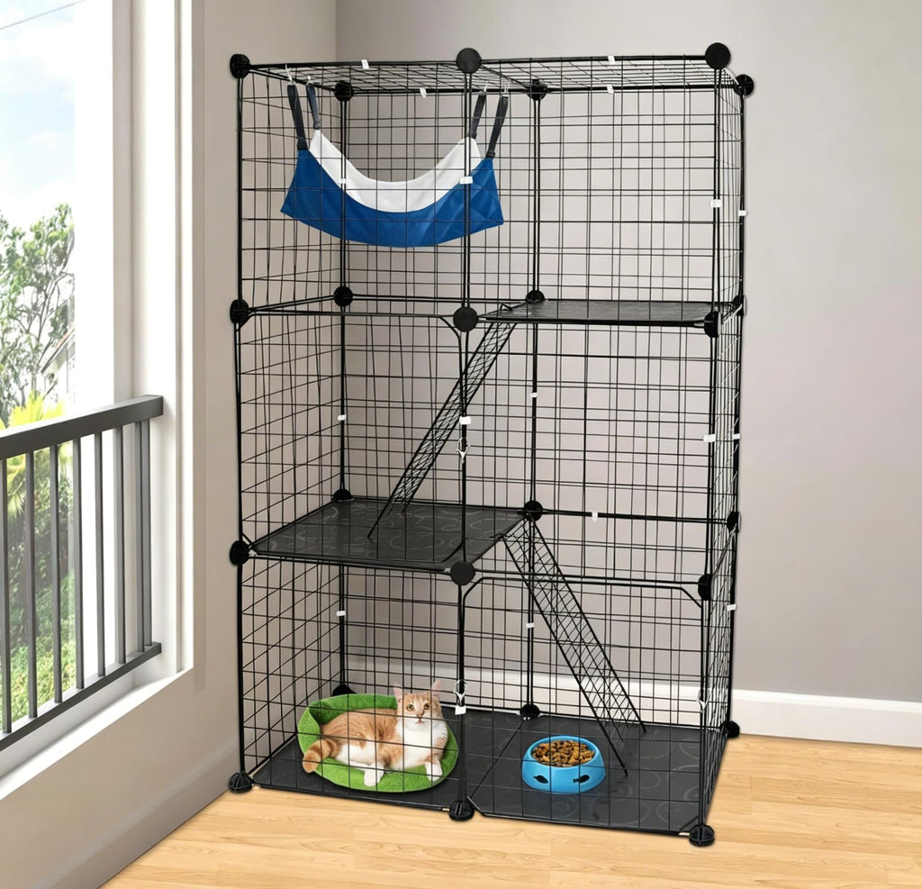 3 Tier Metal Cat Playpen Cage with 3 Doors 2 Ladders U50675