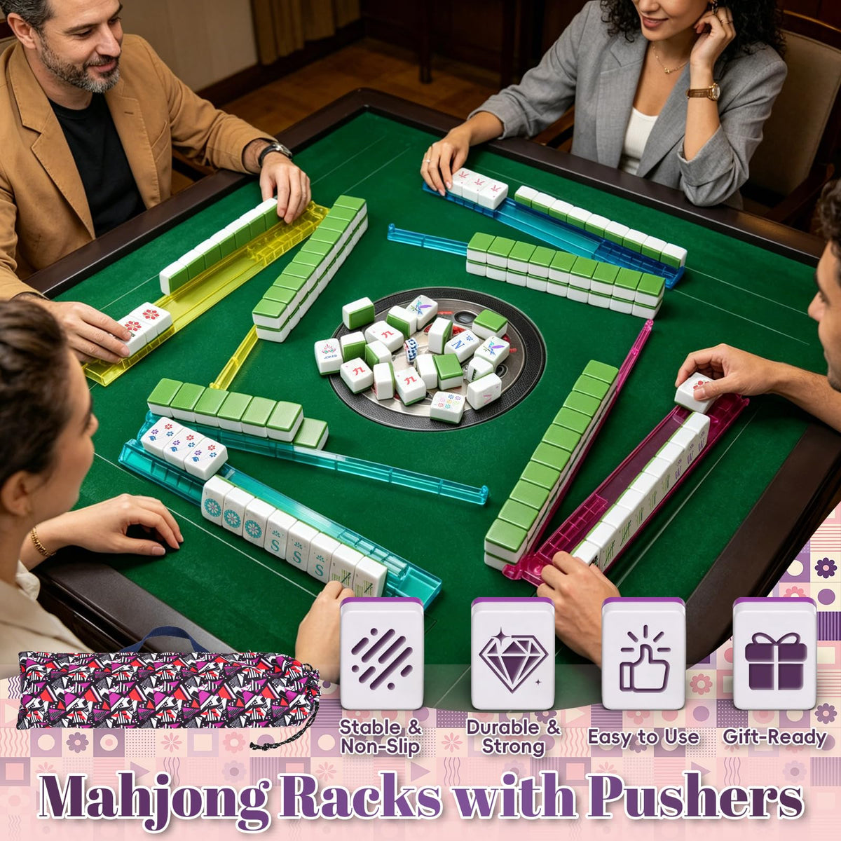 4 Pack Non-Slip Acrylic Mahjong Racks with Pushers L9065
