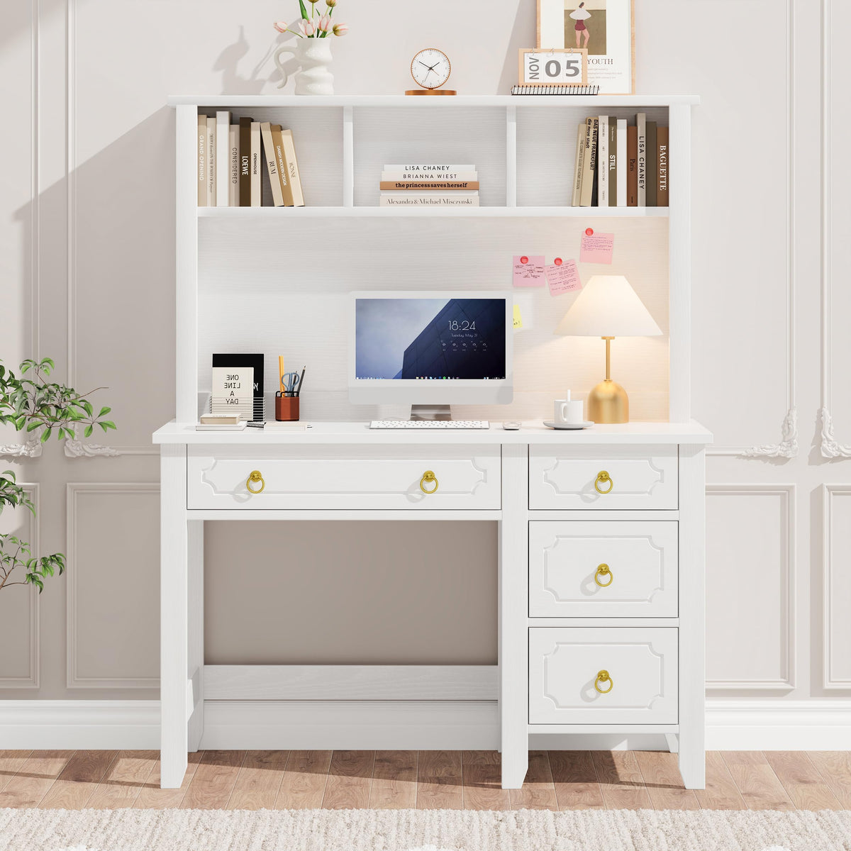 47" White and Gold Desk with Hutch and 4 Drawers V67344