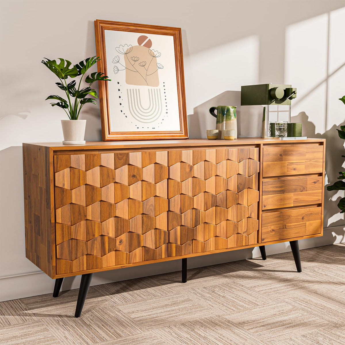 Teak Brown 2 Doors 3 Drawers Sideboard D9863