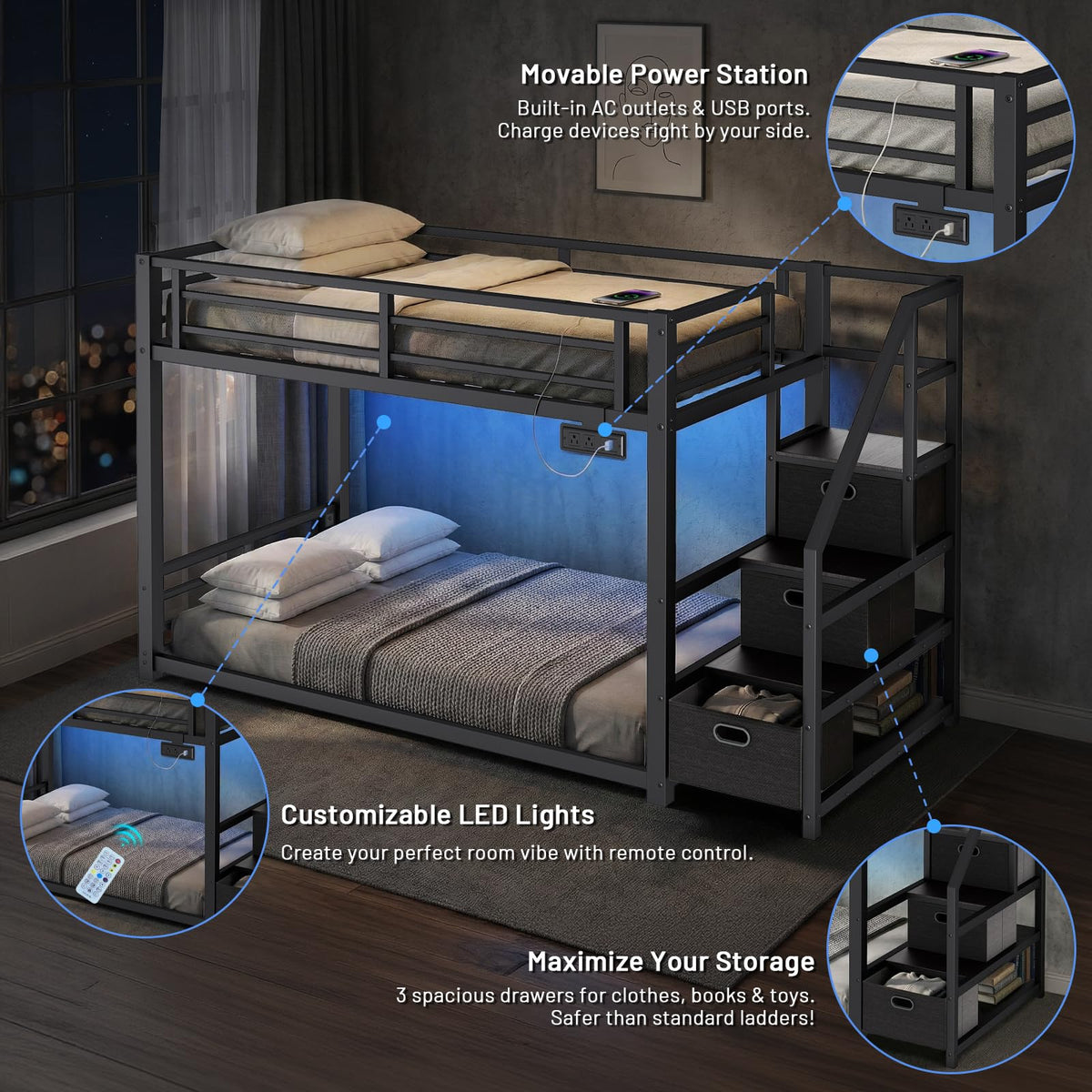Twin Over Twin Metal Bunk Bed with Storage Stairs, Drawers & Shelves, Power Outlet and RGB LED Lights, Safety Guardrails & Metal Slats (Black) Z5735