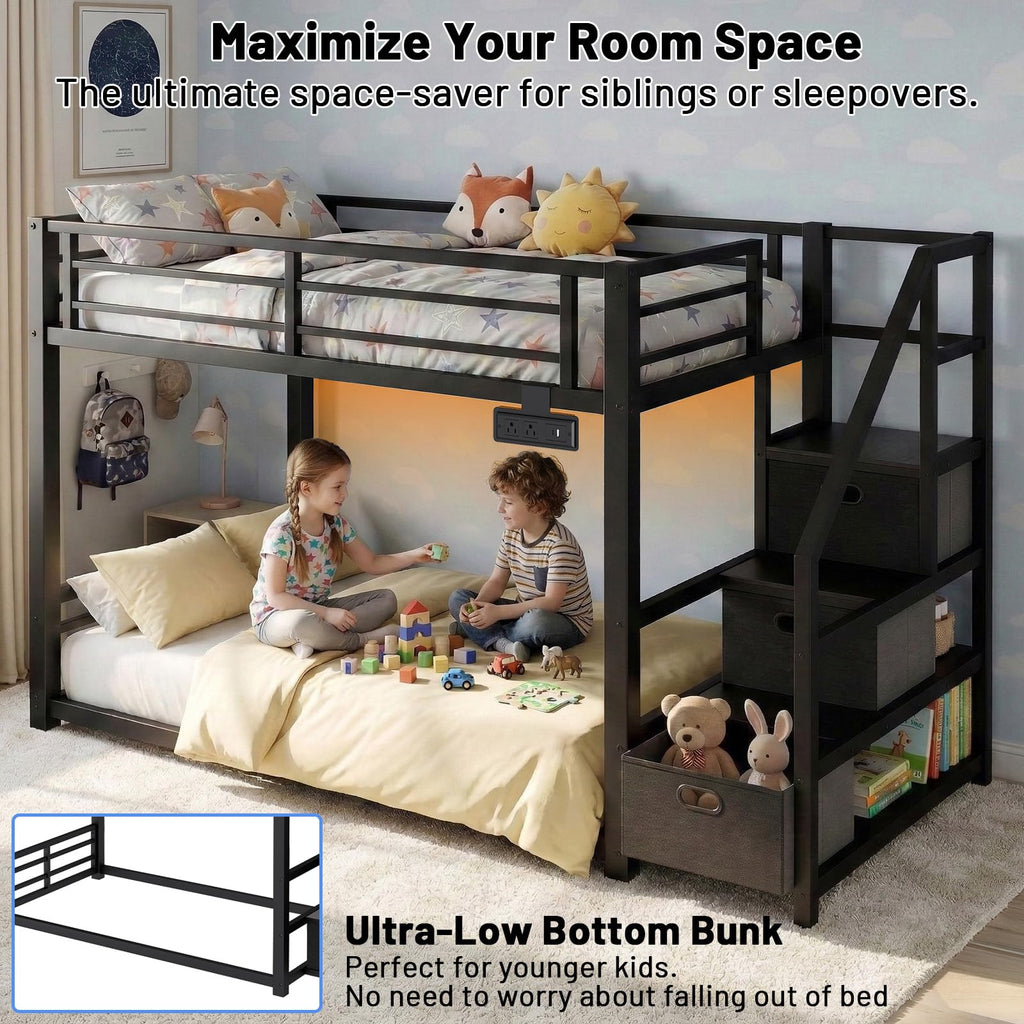Twin Over Twin Metal Bunk Bed with Storage Stairs, Drawers & Shelves, Power Outlet and RGB LED Lights, Safety Guardrails & Metal Slats (Black) Z5735