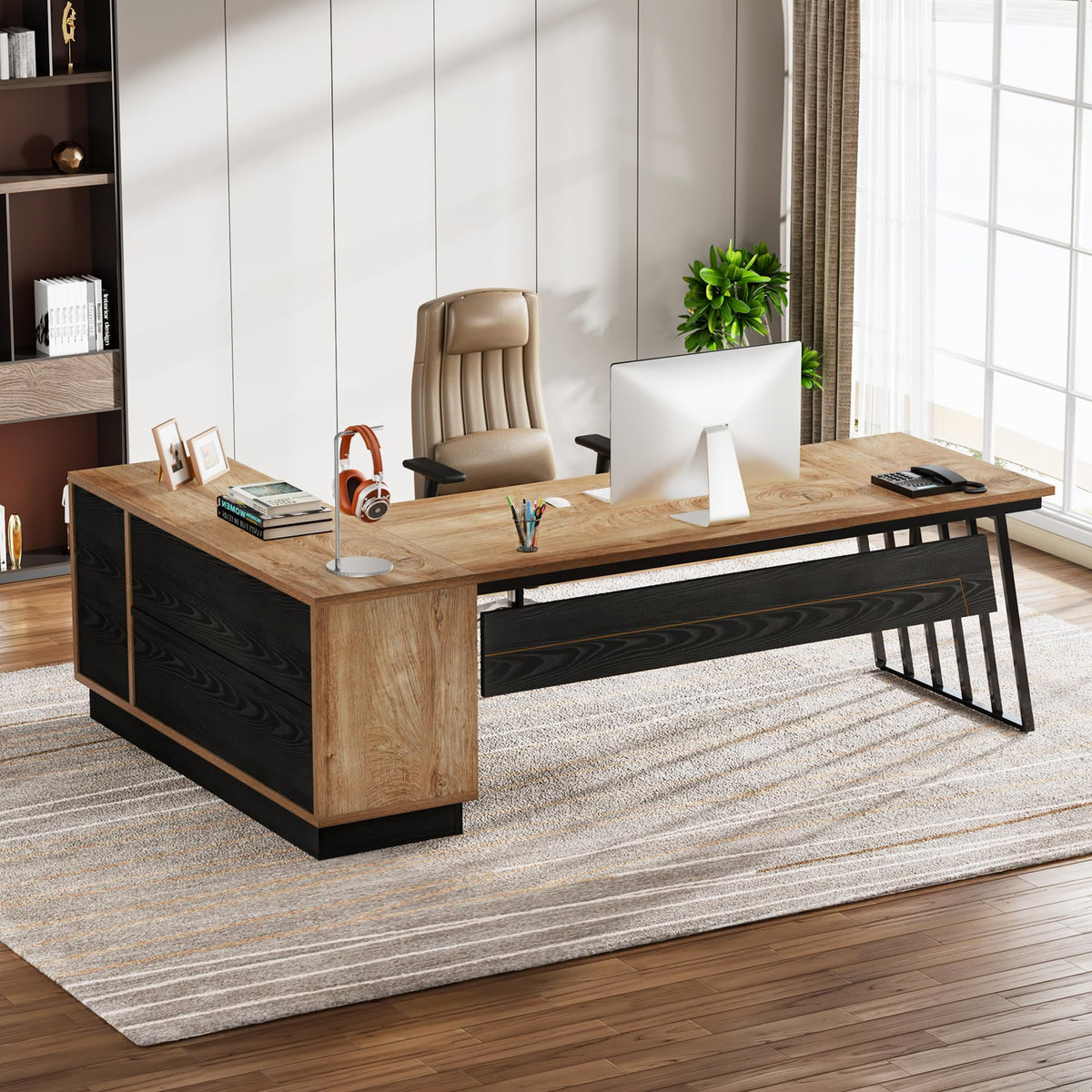 71-Inch L-Shaped Executive Desk with Cabinet L255095