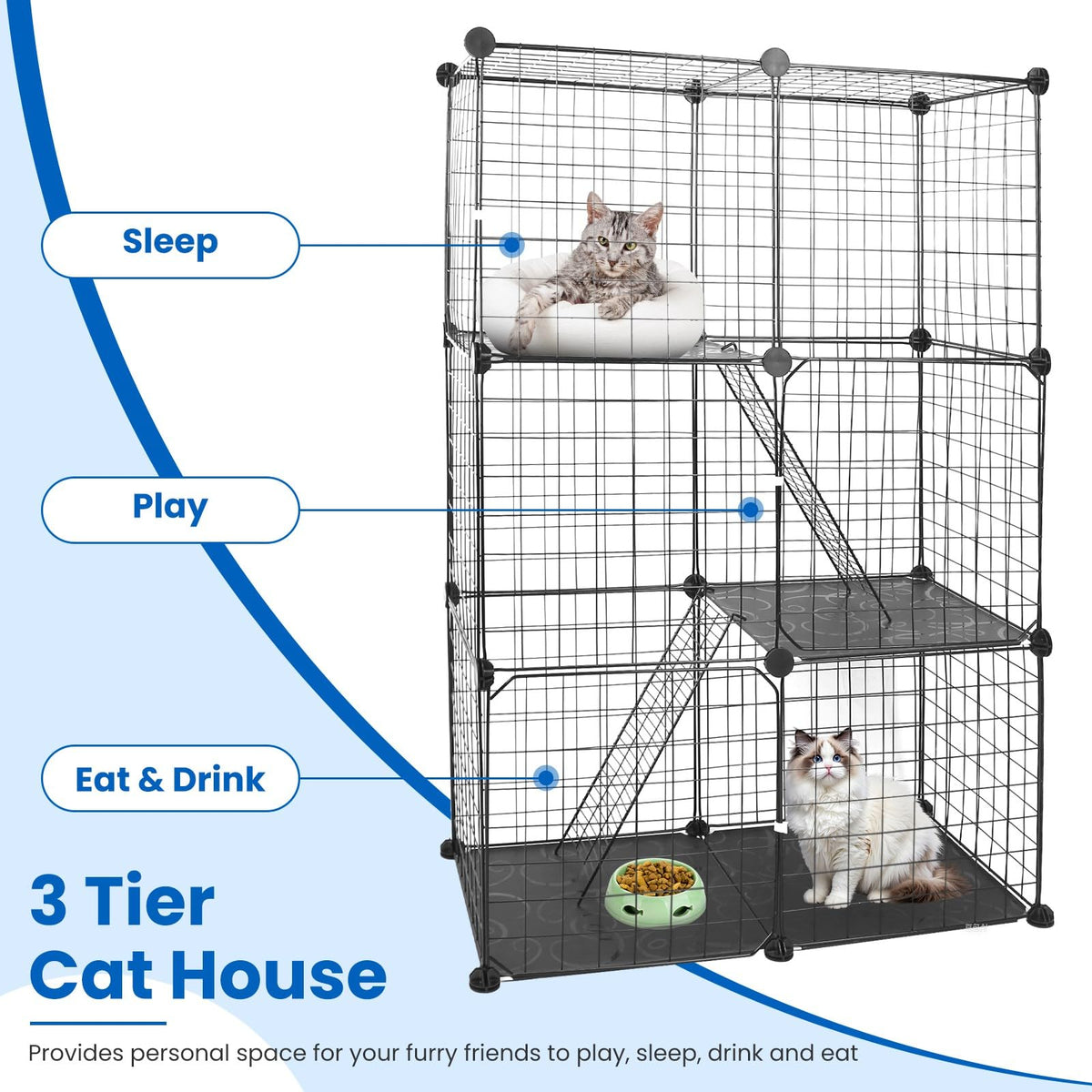 3 Tier Metal Cat Playpen Cage with 3 Doors 2 Ladders U50675