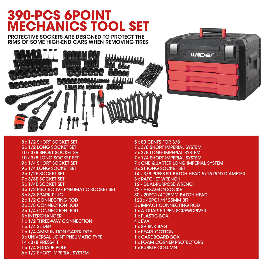 390Pcs Mechanics Tool Set and Drive Deep Socket Set, 1/4" 3/8" 1/2" S1695